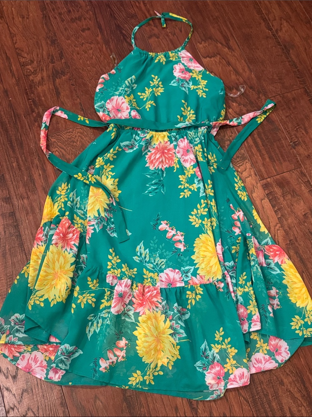 Place Girls' Teal Halter Dress with Yellow & Pink Floral Print